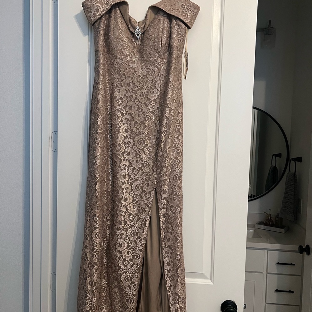 R&M Richards Lace Off-Shoulder Gown in champagne